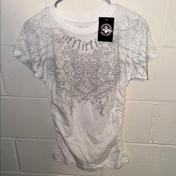 Affliction Tops - Affliction Women's White and Gray Graphic Tee